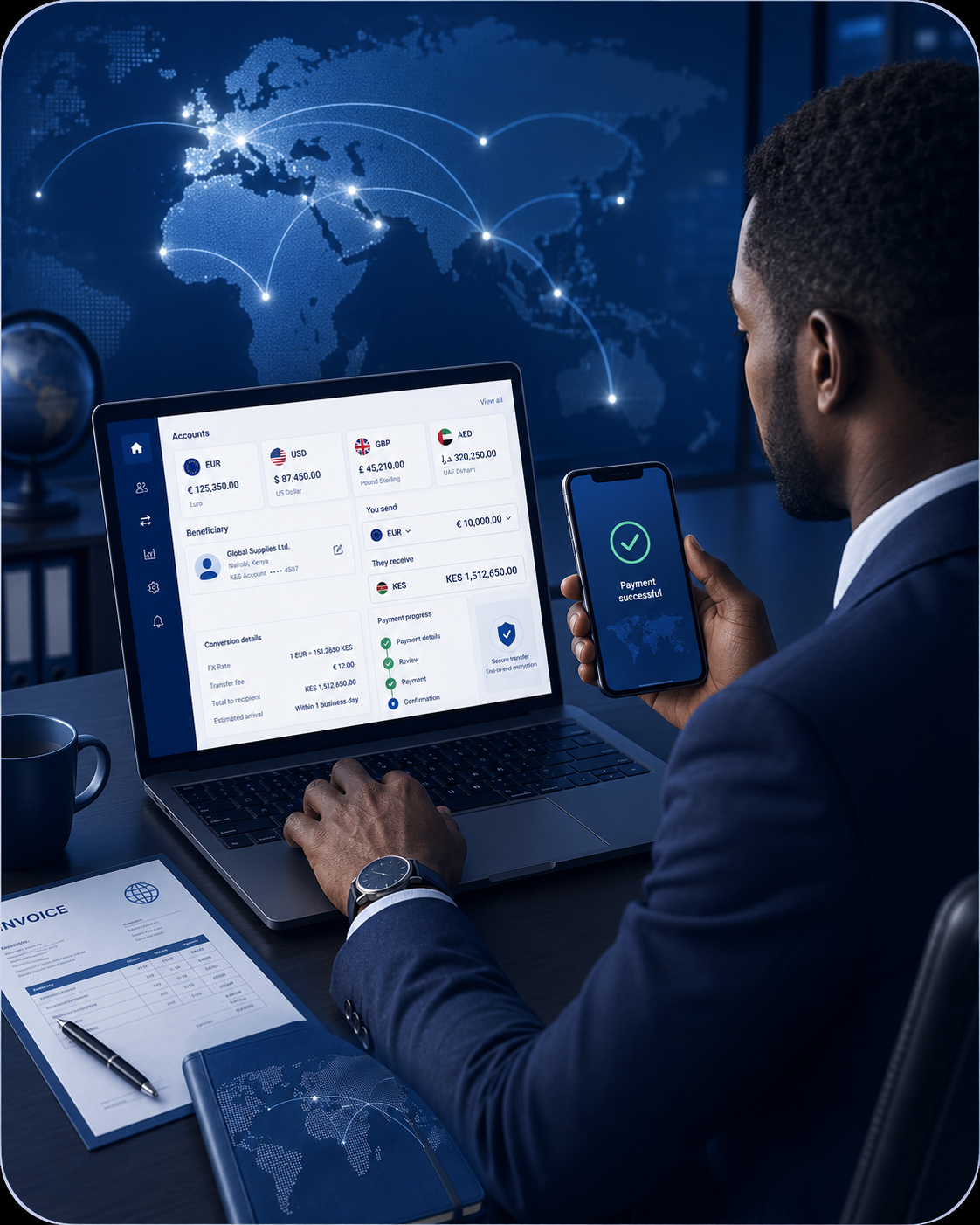 Dirigeant pilotant un paiement fournisseur international depuis son ordinateur, confirmation reçue sur mobile
